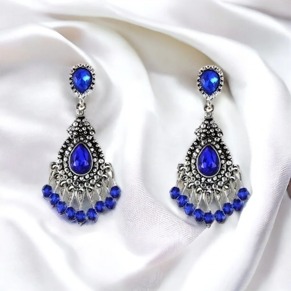 NEW Blue Crystal Chandelier Dangle Earrings Tibetan Silver